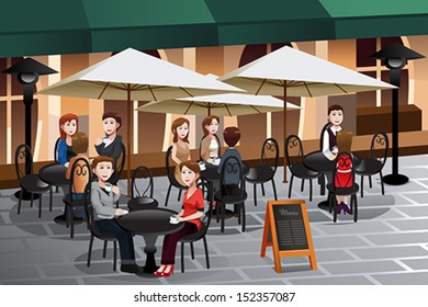 A vector illustration of people enjoying coffee outside of a cafe