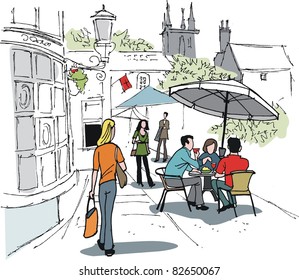 Vector illustration of people enjoying drinks outside hotel