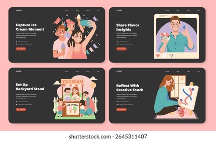 Vector illustration of people enjoying ice cream while taking selfies, sharing flavors, and setting up a backyard stand. Vibrant and playful scenes celebrating delightful moments.