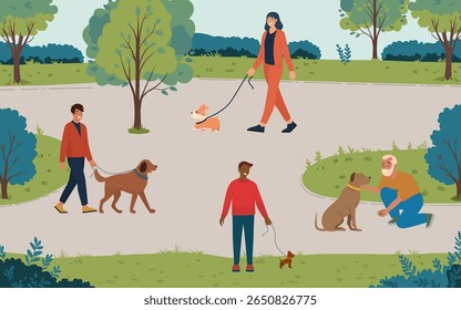 Vector illustration of people enjoying leisure time walking dogs in a scenic park. Diverse individuals interact with pets, showcasing a sense of community and outdoor enjoyment.