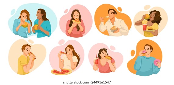 A vector illustration of people enjoying various fast foods, set against colorful abstract backgrounds, depicting the concept of tasty eating. Vector illustration