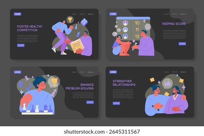Ilustração vetorial de pessoas que desfrutam de várias atividades para promover a competição saudável, manter a pontuação, melhorar a resolução de problemas e fortalecer relacionamentos, enfatizando o trabalho em equipe e amigável
