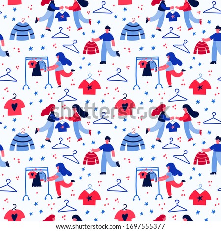 Vector illustration of people exchanging clothes with each other. Seamless pattern flat illustration of girls and boys, clothing items, and hangers.