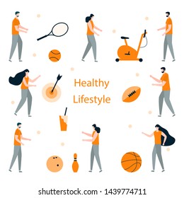 Vector illustration with people, exercise bike, basketball, american football ball, darts, bowling, tennis equipment. Sport. Workout for wellness. Healthy lifestyle. Design for websites, print