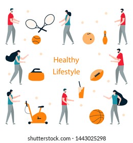Vector illustration with people, exercise bike, basketball, american football ball, curling, bowling, tennis equipment. Sport. Workout for wellness. Healthy lifestyle. Design for websites, print