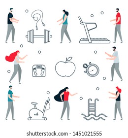 Vector illustration with people, exercise bike, dumbbell, stopwatch, jump rope, scales, treadmill, apple, pool. Sport Workout for wellness, activity. Healthy lifestyle. Design for app, websites, print