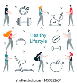 Vector illustration with people, exercise bike, american football ball, dumbbells, stopwatch, curling equipment, treadmill, apple. Sport Healthy lifestyle Design for app, websites, print