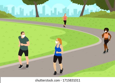 A vector illustration of People Exercise in the Park While Practicing Social Distancing 