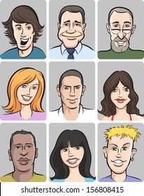 Vector illustration of people faces collection. Easy-edit layered vector EPS10 file scalable to any size without quality loss. High resolution raster JPG file is included.