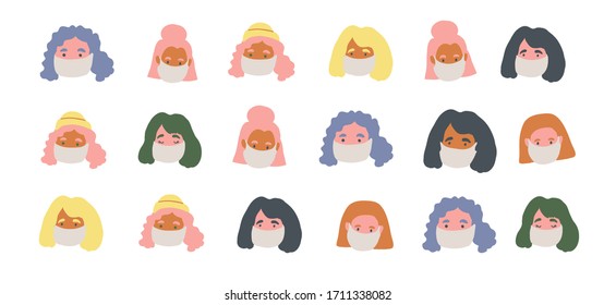 Vector illustration with people faces wearing breathing face masks. Breathing defence masks concept. Modern covid-19 seamless pattern of people social isolation. coronavirus concept illustration