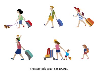 Vector illustration of people and family traveling on vacation. Characters set.
