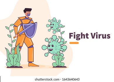 vector illustration people fight covid-19 virus or novel coronavirus 2019-ncov. people fight the virus. covid-19 virus vaccine cure. wuhan china virus. 