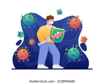 Vector Illustration People Fighting Covid-19 Virus And Variant Omicorn With Wear Face Mask. Covid-19 Vaccination To Fight Virus. Can Use For Banner, Poster, Web, Animation, Presentation, Flyer, Etc.