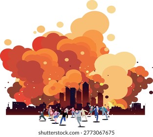 Vector illustration of people fleeing from a massive explosion in a city. Includes copy space.