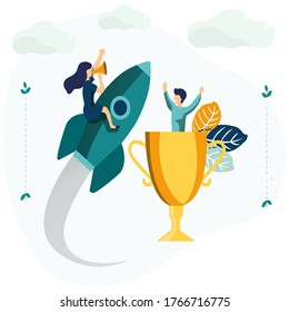 Vector illustration, people fly to their goal, move up the motivation, the way to achieve the goal, rocket up, - vector