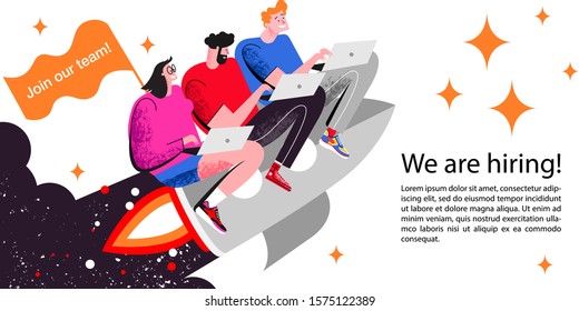Vector illustration of people flying on the rocket and recruiting new employees, workers. We are hiring or job recruitment banner, poster, flyer or landing page concept for ui, web or mobile app.