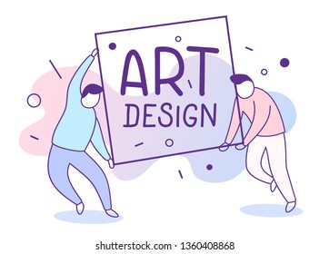 Vector illustration of people in funny poses holding board with text on color background. Line art style design for web, site, poster, banner