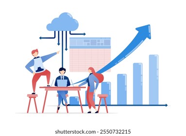 ilustração vetorial de Pessoas se reúnem para revisar, planejar e criar estratégias em uma tabela, determinando o caminho para o sucesso de carreira em vendas, finanças e crescimento corporativo por meio de uma tomada de decisão eficaz