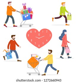 Vector illustration with people go shopping, carry shopping. Big sale and shopping concept. Design for banner, poster or print.