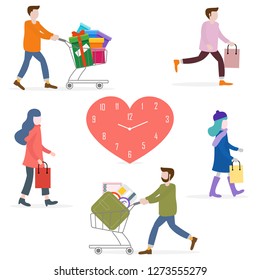 Vector illustration with people go shopping, carry shopping. Big sale and shopping concept. Design for banner, poster or print.