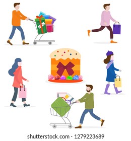 Vector illustration with people go shopping, carry shopping. Easter cake, eggs. Big sale and shopping concept. Design for banner, poster or print.