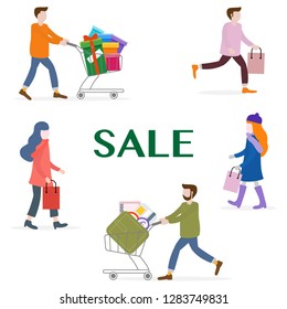 Vector illustration with people go shopping, carry shopping. Big sale and shopping concept. Design for banner, poster or print.