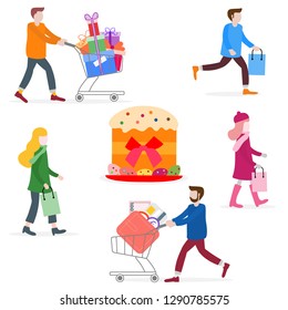 Vector illustration with people go shopping, carry shopping. Easter cake, eggs. Big sale and shopping concept. Design for banner, poster or print.