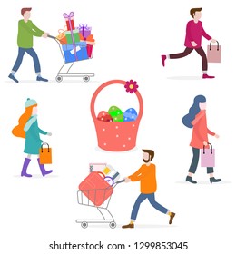 Vector illustration with people go shopping, carry shopping. Easter basket with eggs. Big sale and shopping concept. Design for banner, poster or print.