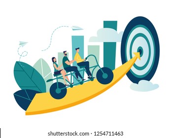 Vector illustration of people go team n the bike to his goal, to move up the motivation Path to the goal