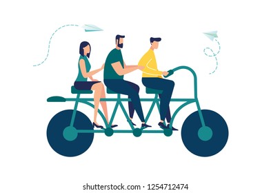 Vector illustration of people go team n the bike to his goal, to move up the motivation Path to the goal