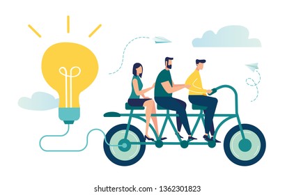 Vector illustration of people go team N bike to their goal, to move up the motivation. Way to the goal, pedal for energy and ideas.