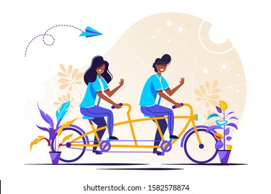 	
Vector illustration of people go team n the bike to his goal, to move up the motivation Path to the goal