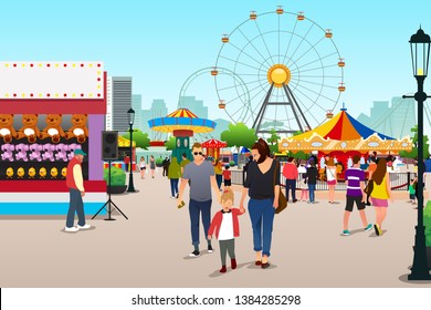 A vector illustration of People Going to Amusement Park