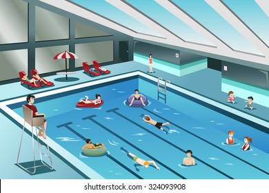 A vector illustration of people going swimming indoor