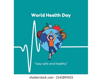 Ilustración vectorial de gráficos de personas, globo, frutos, texto. vista superior, perfecta para fondo, fondo de pantalla y celebración del Día Mundial de la Salud