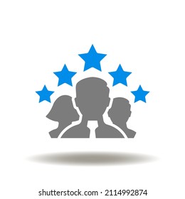 Vector illustration of people group with five stars. Icon of CX Customer Experience. Symbol of client satisfaction.