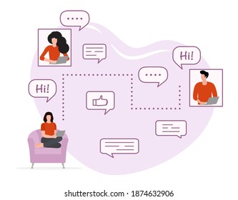 Vector illustration People group talk. Video call conference, discussion. Teamwork, brainstorm concept. Friendly, family communication. Dialogue speech bubbles. Design for website, app, print