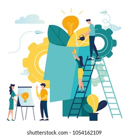 vector illustration. people grow ideas, a metaphor for the birth of a creative idea. analysis of business concept. graphic design of project activities vector