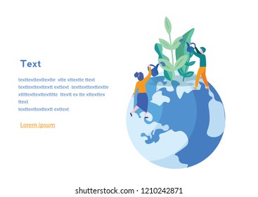 Vector illustration. people grow plants, doing farming job - watering, gathering, planting, World Environment Day, Bio Technology, green planet, globe with trees growing on it, ecology, co system.