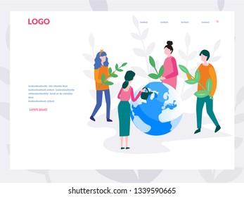 Vector Illustration. People Grow Plants, World Environment Day, Bio Technology, Green Planet, Globe With Trees Growing On It, Ecology,  Day Of The Earth, Save The Planet, Save Energy, Ecological!