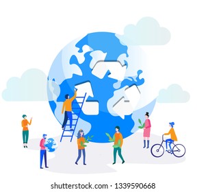 Vector illustration. people grow plants, World Environment Day, Bio Technology, green planet, globe with trees growing on it, ecology,  day of the Earth, save the planet, save energy, Ecological!