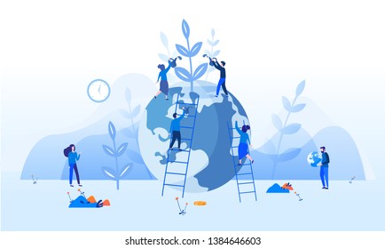 Vector illustration. people grow plants, doing farming job - watering, gathering, planting, World Environment Day, Bio Technology, green planet, globe with trees growing on it, ecology, co system.