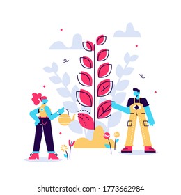 Vector illustration. people grow plants, doing farming job - watering, gathering, planting, World Environment Day, Bio Technology, green planet, globe with trees growing on it, ecology, co system.