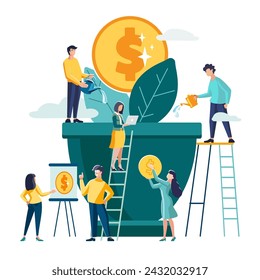 Vector illustration. People grow plants in pots, a metaphor for the birth of money, teamwork. Business concept analysis, financial development. Idea of graphic design project activity, brainstorming