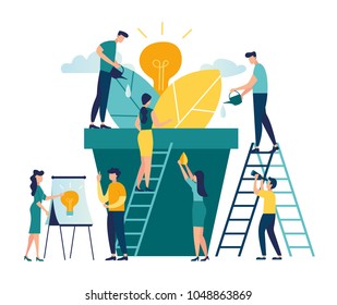 vector illustration. people grow potted plants, a metaphor for the birth of a creative idea. business concept analysis. graphic design idea of project activity vector