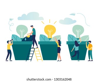 vector illustration. people grow potted plants, a metaphor for the birth of a creative idea. business concept analysis. graphic design idea of project activity - Vector 