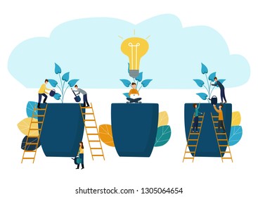 Vector illustration, people grow potted plants, graphic design project idea, metaphor of birth of a creative idea.