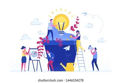 vector illustration. people grow potted plants, a metaphor for the birth of a creative idea. business concept analysis. graphic design idea of project activity