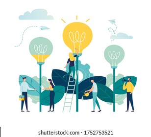 vector illustration. people grow potted plants, a metaphor for the birth of a creative idea. business concept analysis. graphic design idea of project activity