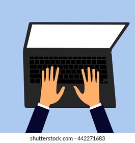 Ilustración vectorial. La gente entrega el teclado de un portátil con pantalla en blanco. Concepto de negocio.